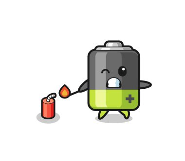 battery mascot illustration playing firecracker , cute design