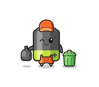 the mascot of cute battery as garbage collector , cute design