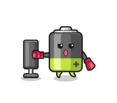 battery boxer cartoon doing training with punching bag , cute design