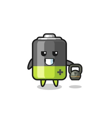 battery mascot lifting kettlebell in the gym , cute design