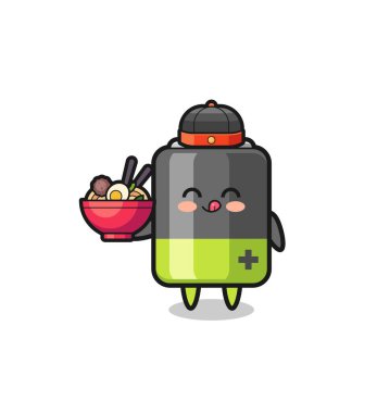 battery as Chinese chef mascot holding a noodle bowl , cute design