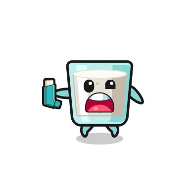 milk mascot having asthma while holding the inhaler , cute design