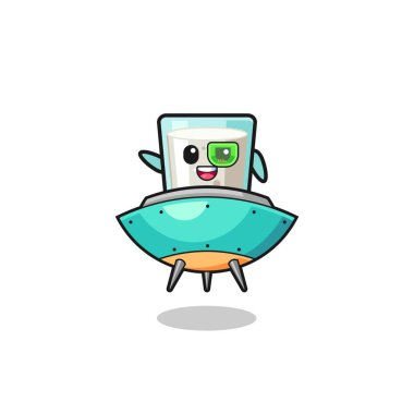 milk cartoon riding a future spaceship , cute design