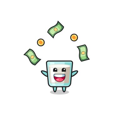 illustration of the milk catching money falling from the sky , cute design