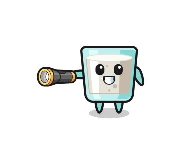 milk mascot holding flashlight , cute design