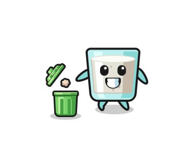 illustration of the milk throwing garbage in the trash can , cute design