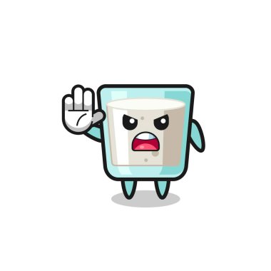 milk character doing stop gesture , cute design
