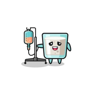 cute milk character standing with infusion pole , cute design