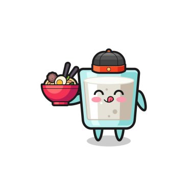 milk as Chinese chef mascot holding a noodle bowl , cute design