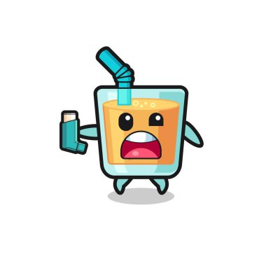 orange juice mascot having asthma while holding the inhaler , cute design