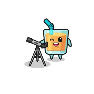 orange juice astronomer mascot with a modern telescope , cute design