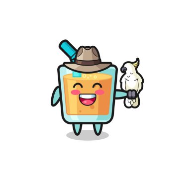 orange juice zookeeper mascot with a parrot , cute design