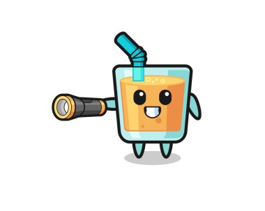 orange juice mascot holding flashlight , cute design