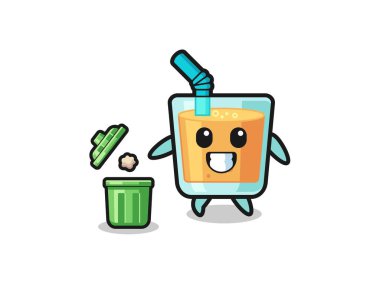 illustration of the orange juice throwing garbage in the trash can , cute design