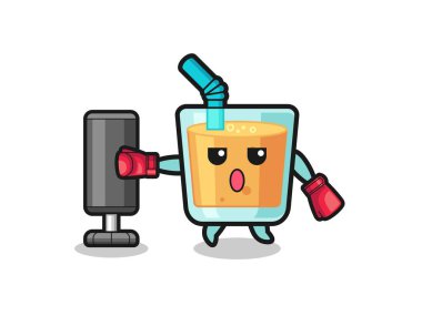 orange juice boxer cartoon doing training with punching bag , cute design