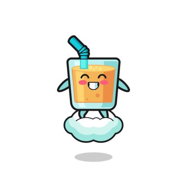 cute orange juice illustration riding a floating cloud , cute design