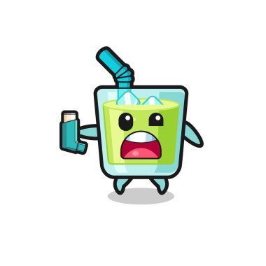 melon juice mascot having asthma while holding the inhaler , cute design