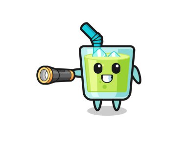 melon juice mascot holding flashlight , cute design