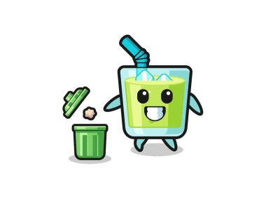 illustration of the melon juice throwing garbage in the trash can , cute design