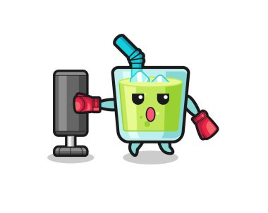 melon juice boxer cartoon doing training with punching bag , cute design