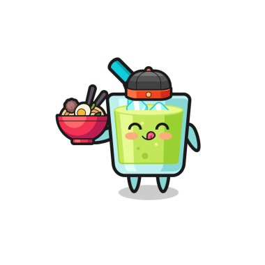 melon juice as Chinese chef mascot holding a noodle bowl , cute design