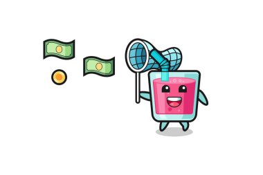 illustration of the strawberry juice catching flying money , cute design