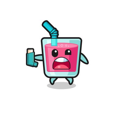 strawberry juice mascot having asthma while holding the inhaler , cute design