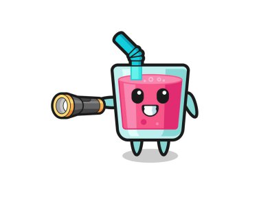 strawberry juice mascot holding flashlight , cute design