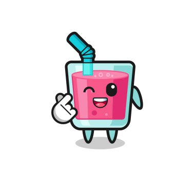 strawberry juice character doing Korean finger heart , cute design
