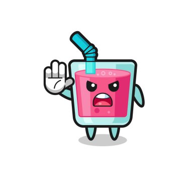 strawberry juice character doing stop gesture , cute design