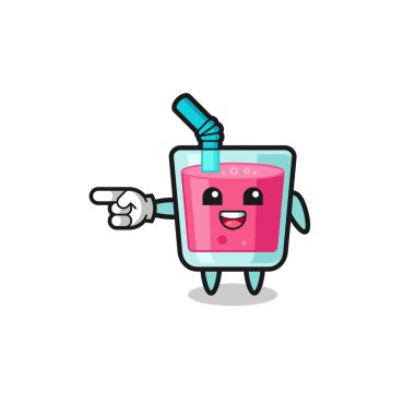 strawberry juice cartoon with pointing left gesture , cute design