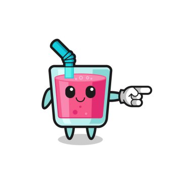strawberry juice mascot with pointing right gesture , cute design