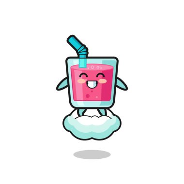 cute strawberry juice illustration riding a floating cloud , cute design