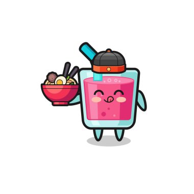 strawberry juice as Chinese chef mascot holding a noodle bowl , cute design