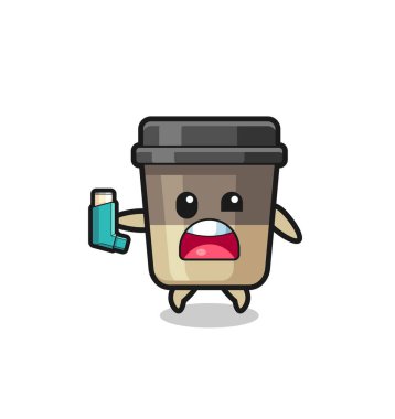 coffee cup mascot having asthma while holding the inhaler , cute design