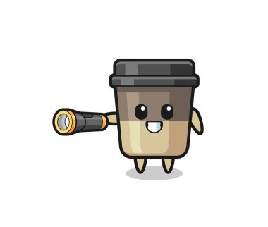 coffee cup mascot holding flashlight , cute design