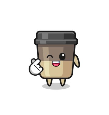 coffee cup character doing Korean finger heart , cute design