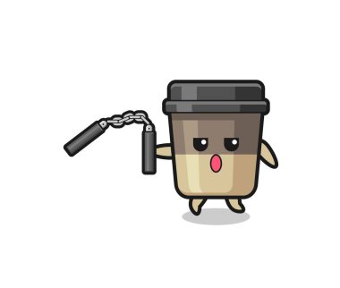 cartoon of coffee cup using nunchaku , cute design