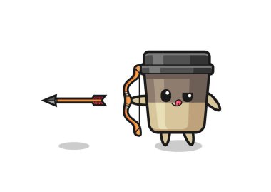 illustration of coffee cup character doing archery , cute design