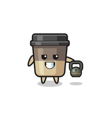 coffee cup mascot lifting kettlebell in the gym , cute design