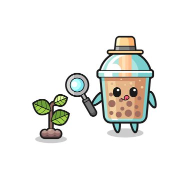 cute bubble tea herbalist researching a plants , cute design