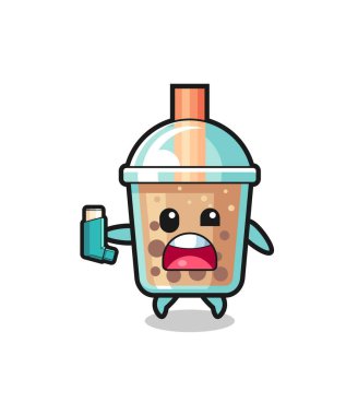 bubble tea mascot having asthma while holding the inhaler , cute design