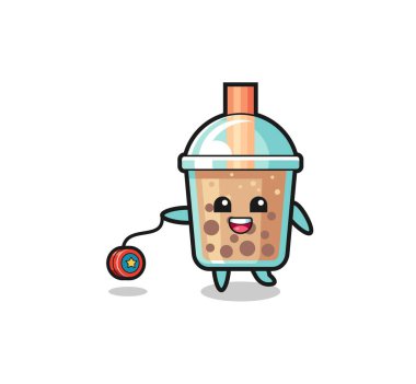 cartoon of cute bubble tea playing a yoyo , cute design