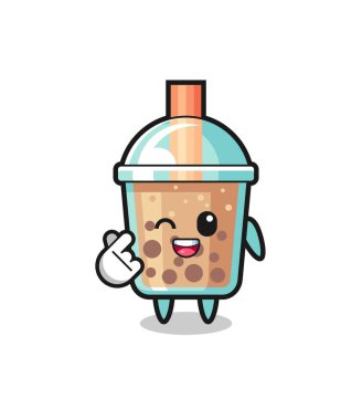 bubble tea character doing Korean finger heart , cute design