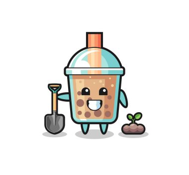 cute bubble tea cartoon is planting a tree seed , cute design