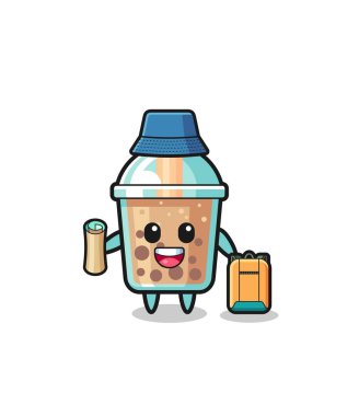 bubble tea mascot character as hiker , cute design