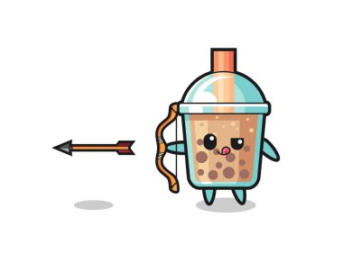 illustration of bubble tea character doing archery , cute design