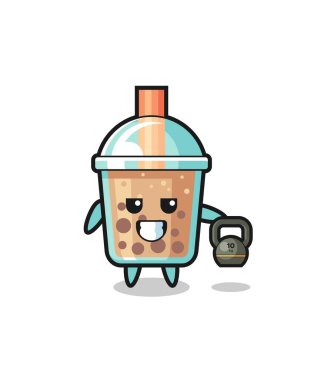 bubble tea mascot lifting kettlebell in the gym , cute design