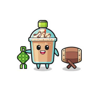 milkshake muslim character are celebrating Eid Al Fitr , cute design
