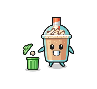 illustration of the milkshake throwing garbage in the trash can , cute design